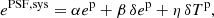 Mathematical equation: $$ \begin{aligned} e^\mathrm{PSF, sys} = \alpha {e^{\mathrm{p}}}+ \beta \, \delta {e^{\mathrm{p}}}+ \eta \, \delta {T^{\mathrm{p}}}, \end{aligned} $$