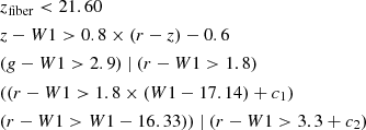 $$ \begin{aligned}&z_{\rm fiber} < 21.60 \nonumber \\&z-W1 > 0.8\times (r-z) - 0.6 \nonumber \\&(g-W1>2.9) \ |\ (r-W1>1.8) \\&((r-W1 > 1.8\times (W1-17.14) + c_1) \ \ \nonumber \\&(r-W1 > W1-16.33 )) \ | \ (r-W1>3.3 + c_2) \nonumber \end{aligned} $$