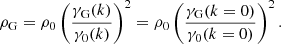 Mathematical equation: $$ \begin{aligned} \rho _{\rm G}=\rho _0\left(\frac{\gamma _{\rm G}(k)}{\gamma _0(k)}\right)^2=\rho _0\left(\frac{\gamma _{\rm G}(k=0)}{\gamma _0(k=0)}\right)^2. \end{aligned} $$
