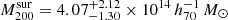 Mathematical equation: $ M_{200}^{\mathrm{sur}}=4.07_{-1.30}^{+2.12}\times10^{14}\,h_{70}^{-1}\,M_{\odot} $