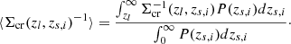 Mathematical equation: $$ \begin{aligned} \langle \Sigma _{\mathrm{cr}}(z_{l},z_{s,i})^{-1}\rangle = \frac{\int ^\infty _{z_{l}}\Sigma _{\mathrm{cr}}^{-1}(z_{l},z_{s,i})P(z_{s,i})dz_{s,i}}{\int ^\infty _{0}P(z_{s,i})dz_{s,i}}\cdot \end{aligned} $$
