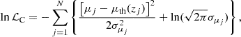 Mathematical equation: $$ \begin{aligned} \ln \mathcal{L} _{\rm C} = -\sum _{j=1}^{N}\left\{ \dfrac{\left[\mu _j-\mu _{\rm th}(z_j)\right]^2}{2\sigma _{\mu _j}^2} + \ln (\sqrt{2\pi } \sigma _{\mu _j})\right\} , \end{aligned} $$