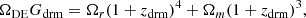 Mathematical equation: $$ \begin{aligned} \Omega _{\rm DE} G_{\rm drm}=\Omega _{r}(1+z_{\rm drm})^4+\Omega _m(1+z_{\rm drm})^3, \end{aligned} $$