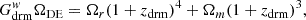Mathematical equation: $$ \begin{aligned} G^w_{\rm drm}\Omega _{\rm DE}&= \Omega _r(1+z_{\rm drm})^4 + \Omega _m (1+z_{\rm drm})^3,\end{aligned} $$