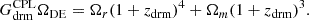 Mathematical equation: $$ \begin{aligned} G^\mathrm{CPL}_{\rm drm}\Omega _{\rm DE}&= \Omega _r(1+z_{\rm drm})^4 + \Omega _m (1+z_{\rm drm})^3. \end{aligned} $$