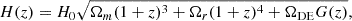 Mathematical equation: $$ \begin{aligned} H(z)=H_0\sqrt{\Omega _{m}(1+z)^{3}+\Omega _r(1+z)^4+\Omega _{\rm DE}G(z)}, \end{aligned} $$