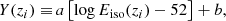 Mathematical equation: $$ \begin{aligned} Y(z_i)\equiv&\, a \left[\log E_{\rm iso} (z_i)-52\right] + b,\end{aligned} $$