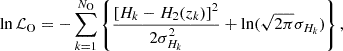 Mathematical equation: $$ \begin{aligned} \ln \mathcal{L} _{\rm O} = -\sum _{k=1}^{N_{\rm O}}\left\{ \dfrac{\left[H_k-H_2(z_k)\right]^2}{2\sigma _{H_k}^2} + \ln (\sqrt{2\pi }\sigma _{H_k})\right\} , \end{aligned} $$