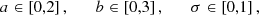 Mathematical equation: $$ \begin{aligned} \nonumber a\in \left[0,2\right],\quad \quad b\in \left[0,3\right],\quad \quad \sigma \in \left[0,1\right], \end{aligned} $$