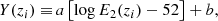 Mathematical equation: $$ \begin{aligned} Y(z_i)\equiv&\, a \left[\log E_2(z_i)-52\right] + b,\end{aligned} $$
