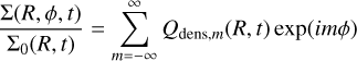 Mathematical equation: $\frac{\Sigma(R, \phi, t)}{\Sigma_{0}(R, t)} =\sum_{m = -\infty}^{\infty} Q_{\mathrm{dens}, m}(R, t) \exp (i m \phi)$