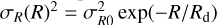 Mathematical equation: $\sigma_{R}(R)^{2}=\sigma_{R 0}^{2} \exp \left(-R/R_{\mathrm{d}}\right)$
