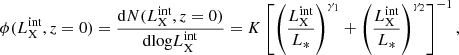 Mathematical equation: $$ \begin{aligned} \phi (L_{\rm X}^\mathrm{int}, z = 0) = \frac{\mathrm{d} N(L_{\rm X}^\mathrm{int}, z = 0)}{\mathrm{d} \mathrm{log} L_{\rm X}^\mathrm{int}} = K \left[\left(\frac{L_{\rm X}^\mathrm{int}}{L_*}\right)^{\gamma _1} + \left(\frac{L_{\rm X}^\mathrm{int}}{L_*}\right)^{\gamma _2}\right]^{-1}, \end{aligned} $$