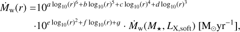 Mathematical equation: \begin{aligned} \dot{M}_{\text{w}} (r) = &10^{a \log_{10} (r)^6 + b \log_{10} (r)^5 + c \log_{10} (r)^4 + d \log_{10} (r)^3} \\ \quad \cdot &10^{e \log_{10} (r)^2 + f \log_{10} (r) + g} \cdot \dot{M}_{\text{w}} (M_{\star},L_{\text{X,soft}}) \ [\text{M}_{\odot} \text{yr}^{-1}], \nonumber \end{aligned}