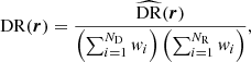Mathematical equation: $$ \begin{aligned} \mathrm{DR} (\boldsymbol{r})&= \frac{\widehat{\mathrm{DR} }(\boldsymbol{r})}{\left(\sum _{i=1}^{N_{\rm D}} w_i \right) \left(\sum _{i=1}^{N_{\rm R}} w_i\right)},\end{aligned} $$