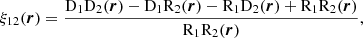 Mathematical equation: $$ \begin{aligned} \xi _{12}(\boldsymbol{r}) = \frac{\mathrm{D} _1 \mathrm{D} _2 (\boldsymbol{r}) - \mathrm{D} _1 \mathrm{R} _2 (\boldsymbol{r}) - \mathrm{R} _1 \mathrm{D} _2 (\boldsymbol{r}) + \mathrm{R} _1 \mathrm{R} _2(\boldsymbol{r})}{\mathrm{R} _1 \mathrm{R} _2(\boldsymbol{r})}, \end{aligned} $$
