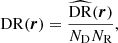 Mathematical equation: $$ \begin{aligned} \mathrm{DR} (\boldsymbol{r})&= \frac{\widehat{\mathrm{DR} }(\boldsymbol{r})}{N_{\rm D} N_{\rm R}},\end{aligned} $$