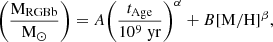Mathematical equation: $$ \begin{aligned} \biggl (\frac{\mathrm{M} _\mathrm{RGBb} }{\mathrm{M} _\odot }\biggr ) = A\biggl (\frac{t_\mathrm{Age} }{10^9\; \mathrm{yr}}\biggr )^\alpha + B[\mathrm{M}/\mathrm{H}]^\beta , \end{aligned} $$
