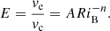 Mathematical equation: $$ \begin{aligned} E = \frac{v_{\rm e}}{v_{\rm c}} = ARi_\mathrm{B} ^{-n}. \end{aligned} $$