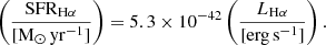 Mathematical equation: $$ \begin{aligned} \left(\frac{\mathrm{SFR}_{\mathrm{H} \alpha }}{[\mathrm{M}_\odot \,\mathrm{yr}^{-1}]}\right) = 5.3 \times 10^{-42} \left(\frac{L_{\mathrm{H} \alpha }}{[\mathrm {erg\,s}^{-1}]}\right). \end{aligned} $$