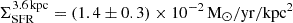 Mathematical equation: $ \Sigma_{\mathrm{SFR}}^{3.6\,\mathrm{kpc}} = (1.4 \pm 0.3) \times 10^{-2}\,\mathrm{M}_\odot/\mathrm{yr}/\mathrm{kpc^2} $