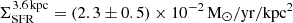 Mathematical equation: $ \Sigma_{\mathrm{SFR}}^{3.6\,\mathrm{kpc}} = (2.3 \pm 0.5) \times 10^{-2}\,\mathrm{M}_\odot/\mathrm{yr}/\mathrm{kpc^2} $