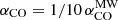 Mathematical equation: $ \alpha_{\mathrm{CO}} = 1/10\,\alpha_{\mathrm{CO}}^{\mathrm{MW}} $