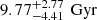 Mathematical equation: $ 9.77^{+2.77}_{-4.41}\,\text{ Gyr} $