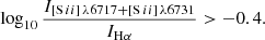 Mathematical equation: $$ \begin{aligned} \log _{10} \frac{I_{[\mathrm{S} \,ii ]\,\lambda 6717 + [\mathrm{S} \,ii ]\,\lambda 6731}}{I_{\mathrm{H} \alpha }} > -0.4. \end{aligned} $$