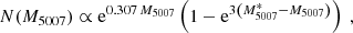 Mathematical equation: $$ \begin{aligned} N (M_{5007}) \propto \mathrm{e} ^{0.307\, M_{5007}} \left(1 - \mathrm{e} ^{3\left(M^{*}_{5007}- M_{5007}\right)}\right)~, \end{aligned} $$