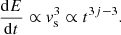 Mathematical equation: $$ \begin{aligned} \frac{\mathrm{d}E}{\mathrm{d}t} \propto v_\mathrm{s} ^3 \propto t^{3j-3}. \end{aligned} $$