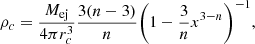Mathematical equation: $$ \begin{aligned} \rho _c&= \frac{M_{\mathrm{ej} }}{4\pi r_c^3}\frac{3(n-3)}{n} {\left(1- \frac{3}{n} x^{3-n}\right)^{-1}}, \end{aligned} $$