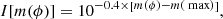 Mathematical equation: $$ \begin{aligned} I[m(\phi )] = 10^{-0.4\times \left[m(\phi )-m(\text{ max})\right]}, \end{aligned} $$