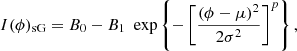Mathematical equation: $$ \begin{aligned} I(\phi )_{\text{sG}}=B_0-B_1\ \text{ exp}\left\{ -\left[\frac{(\phi -\mu )^2}{2\sigma ^2}\right]^p\right\} , \end{aligned} $$