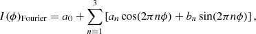 Mathematical equation: $$ \begin{aligned} I(\phi )_{\text{Fourier}}=a_0+\sum ^3_{n = 1}\left[a_n\cos (2\pi n\phi )+b_n\sin (2\pi n\phi )\right], \end{aligned} $$
