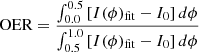 Mathematical equation: $$ \begin{aligned} \text{ OER}=\frac{\int _{0.0}^{0.5}\left[I(\phi )_{\text{fit}}-I_0\right]d\phi }{\int _{0.5}^{1.0}\left[I(\phi )_{\text{fit}}-I_0\right]d\phi } \end{aligned} $$
