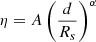 Mathematical equation: $$ \begin{aligned} \eta = A \left(\frac{d}{R_s}\right)^\alpha \end{aligned} $$