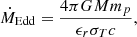 Mathematical equation: $$ \begin{aligned} &\dot{M}_\mathrm{Edd} = \frac{4 \pi G M m_p}{\epsilon _r \sigma _T c}, \end{aligned} $$