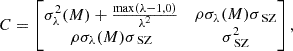 $$ \begin{aligned} C = \begin{bmatrix} \sigma _\lambda ^2(M) + \frac{\max (\lambda -1, 0)}{\lambda ^2}&\rho \sigma _\lambda (M) \sigma _\text{SZ} \\ \rho \sigma _\lambda (M) \sigma _\text{SZ}&\sigma _\text{SZ}^2 \end{bmatrix}, \end{aligned} $$