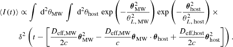 Mathematical equation: $$ \begin{aligned} \begin{aligned} \left\langle I(t) \right\rangle&\propto \int \text{ d}^2 \theta _{\text{MW}}\,\int \text{ d}^2 \theta _{\text{host}}\, \exp \left( -\frac{\boldsymbol{\theta }_\text{MW}^2}{ \theta _{L,\text{ MW}}^2} \right)\exp \left( -\frac{\boldsymbol{\theta }_\text{host}^2}{\theta _{L,\text{ host}}^2} \right) \times \\&\delta ^2\left( t - \left[ \frac{D_{\text{eff,MW}}}{2c} \boldsymbol{\theta }_{\text{MW}}^2 - \frac{D_{\text{eff,MW}}}{c}\boldsymbol{\theta }_{\text{MW}}\cdot \boldsymbol{\theta }_{\text{host}} + \frac{D_{\text{eff,host}}}{2c} \boldsymbol{\theta }_{\text{host}}^2 \right] \right). \end{aligned} \end{aligned} $$