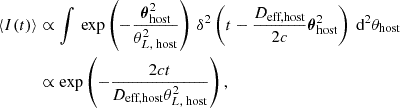 Mathematical equation: $$ \begin{aligned} \begin{aligned} \left\langle I(t) \right\rangle&\propto \int \, \exp \left( -\frac{\boldsymbol{\theta }_\text{host}^2}{\theta _{L,\text{ host}}^2} \right)\, \delta ^2\left( t - \frac{D_{\text{eff,host}}}{2c} \boldsymbol{\theta }_{\text{host}}^2 \right) \text{ d}^2 \theta _{\text{host}} \\&\propto \exp \left( -\frac{2c t}{D_{\text{eff,host}} \theta _{L,\text{ host}}^2} \right) , \end{aligned} \end{aligned} $$