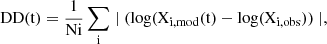 Mathematical equation: $$ \begin{aligned} \mathrm {DD} (\mathrm {t}) = \frac{1}{\mathrm {Ni}} \sum _\mathrm {i} \mid (\log (\mathrm {X}_{\mathrm {i,mod}}(\mathrm {t}) - \log (\mathrm {X}_{\mathrm {i,obs}}))\mid , \end{aligned} $$