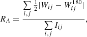 Mathematical equation: $$ \begin{aligned} R_{A} = \frac{\sum \limits _{i,j} \frac{1}{2}|W_{ij} - W_{ij}^{180}|}{\sum \limits _{i,j} I_{ij}} ,\end{aligned} $$