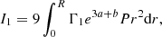 Mathematical equation: $$ \begin{aligned} I_1& = 9\int _0^R\Gamma _1e^{3a+b}Pr^2\mathrm{d}r ,\end{aligned} $$
