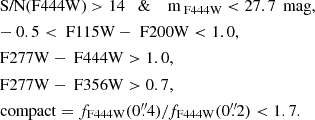 Mathematical equation: $$ \begin{aligned}&\text{ S/N(F444W)} > 14\quad \& \quad \text{ m}_{\text{ F444W}} < 27.7\,\text{ mag},\\&-0.5 < \text{ F115W} - \text{ F200W} < 1.0, \\&\text{ F277W} - \text{ F444W} > 1.0, \\&\text{ F277W} - \text{ F356W} > 0.7, \\&\text{ compact}=f_{\rm F444W}(0\overset{\prime \prime }{.}4)/f_{\rm F444W}(0\overset{\prime \prime }{.}2) < 1.7. \end{aligned} $$