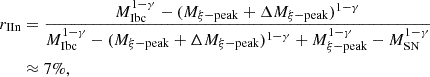 Mathematical equation: $$ \begin{aligned} r_{\rm IIn}&= \frac{M_{\rm Ibc}^{1-\gamma } - (M_{\rm \xi -peak} + \Delta M_{\rm \xi -peak})^{1-\gamma }}{M_{\rm Ibc}^{1-\gamma } - (M_{\rm \xi -peak} + \Delta M_{\rm \xi -peak})^{1-\gamma } + M_{\rm \xi -peak}^{1-\gamma } - M_{\rm SN}^{1-\gamma }} \nonumber \\&\approx 7\%, \end{aligned} $$
