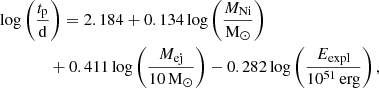 Mathematical equation: $$ \begin{aligned}&\log \left(\frac{t_{\rm p}}{\mathrm{d}}\right) = 2.184 + 0.134 \log \left(\frac{M_{\rm Ni}}{\mathrm{M}_{\odot }}\right) \nonumber \\&\qquad \qquad + 0.411 \log \left(\frac{M_{\rm ej}}{10\,\mathrm{M}_{\odot }}\right) - 0.282 \log \left(\frac{E_{\rm expl}}{10^{51}\,\mathrm{erg}}\right),\end{aligned} $$