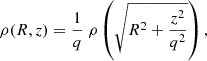 Mathematical equation: $$ \begin{aligned} \rho (R,z)=\frac{1}{q} \ \rho \left(\sqrt{R^2 + \frac{z^2}{q^2}}\right), \end{aligned} $$