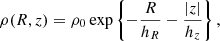 Mathematical equation: $$ \begin{aligned} \rho (R,z)=\rho _0\exp \left\{ -\frac{R}{h_R}-\frac{|z|}{h_z}\right\} , \end{aligned} $$