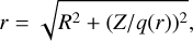Mathematical equation: $\[r=\sqrt{R^2+(Z / q(r))^2},\]$
